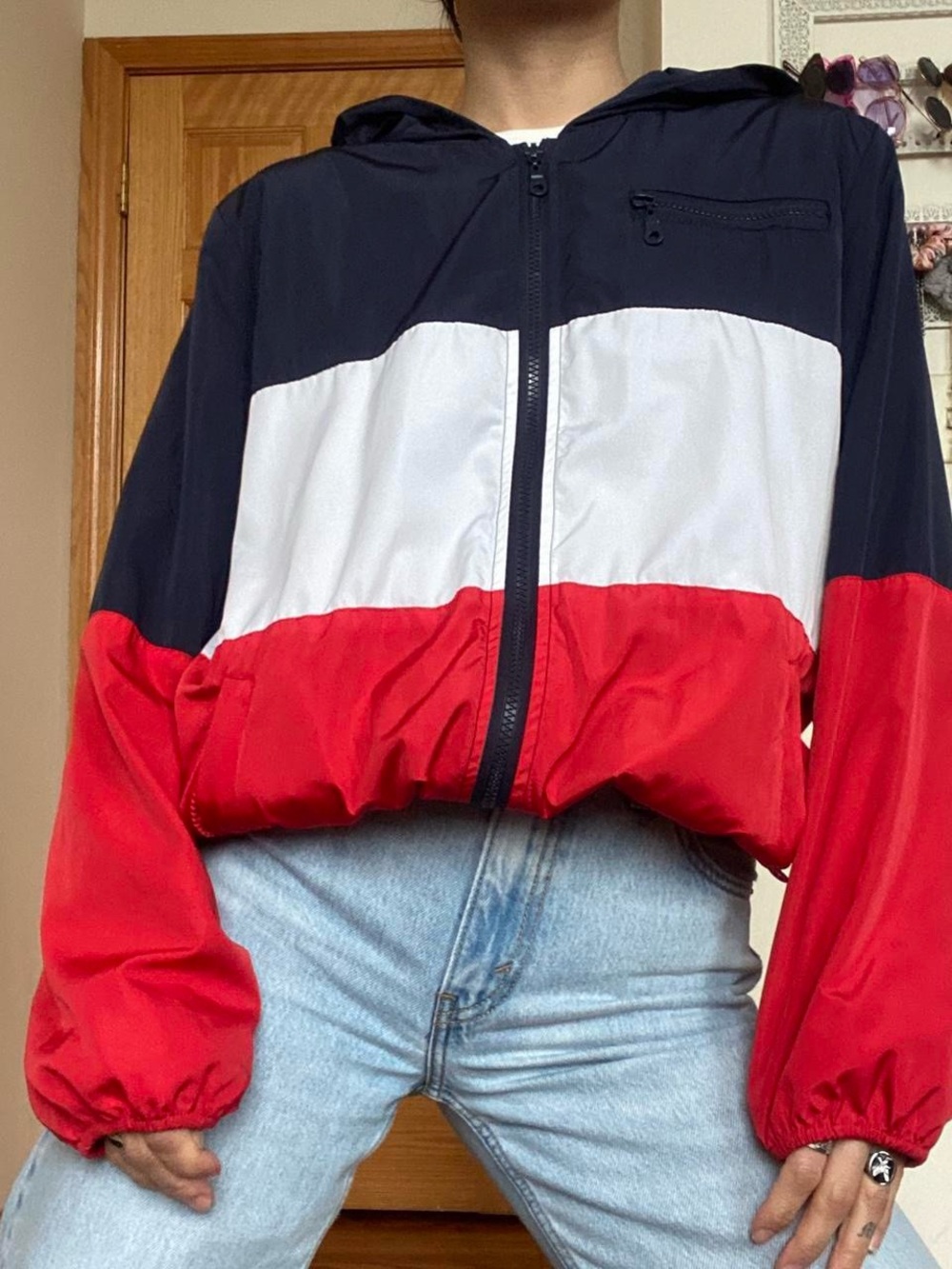 Brandy Melville Color block Navy Blue White Red Windbreaker Jacket